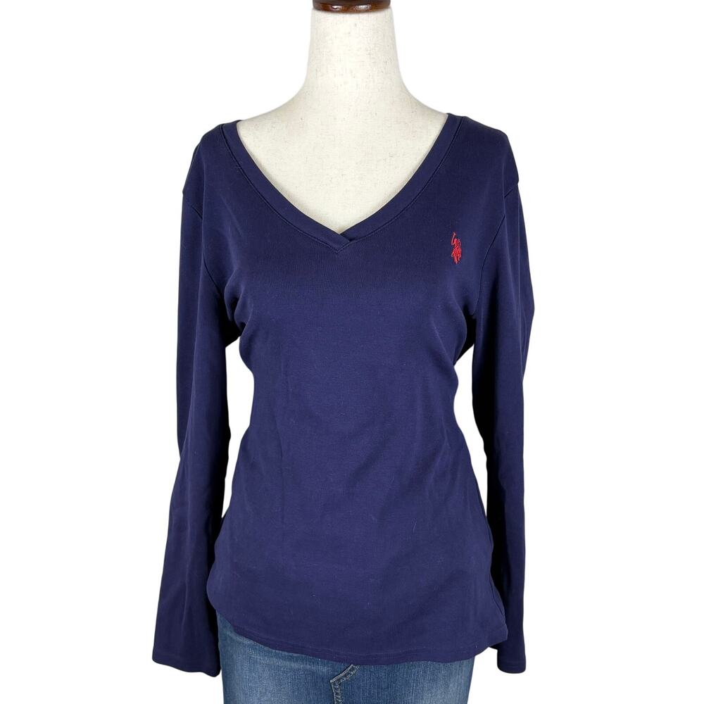 U.S. Polo Assn. V Neck Long Sleeve Top Dark Purple Preppy Collegiate Women’s XL